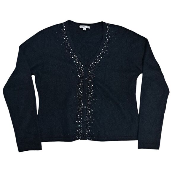 Avalin Angora Rhinestones Embellished Y2K Cardigan Gothic Sweater Large Black - Picture 1 of 15